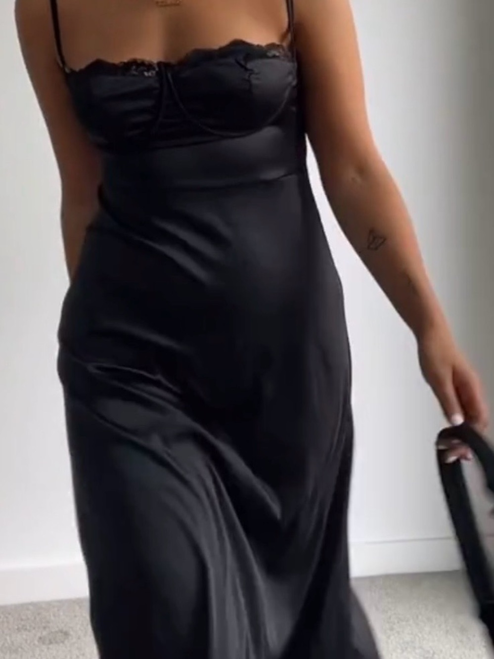 Cider Black Satin Midi Slip Dress with Lace Trim - Picture 2 of 4